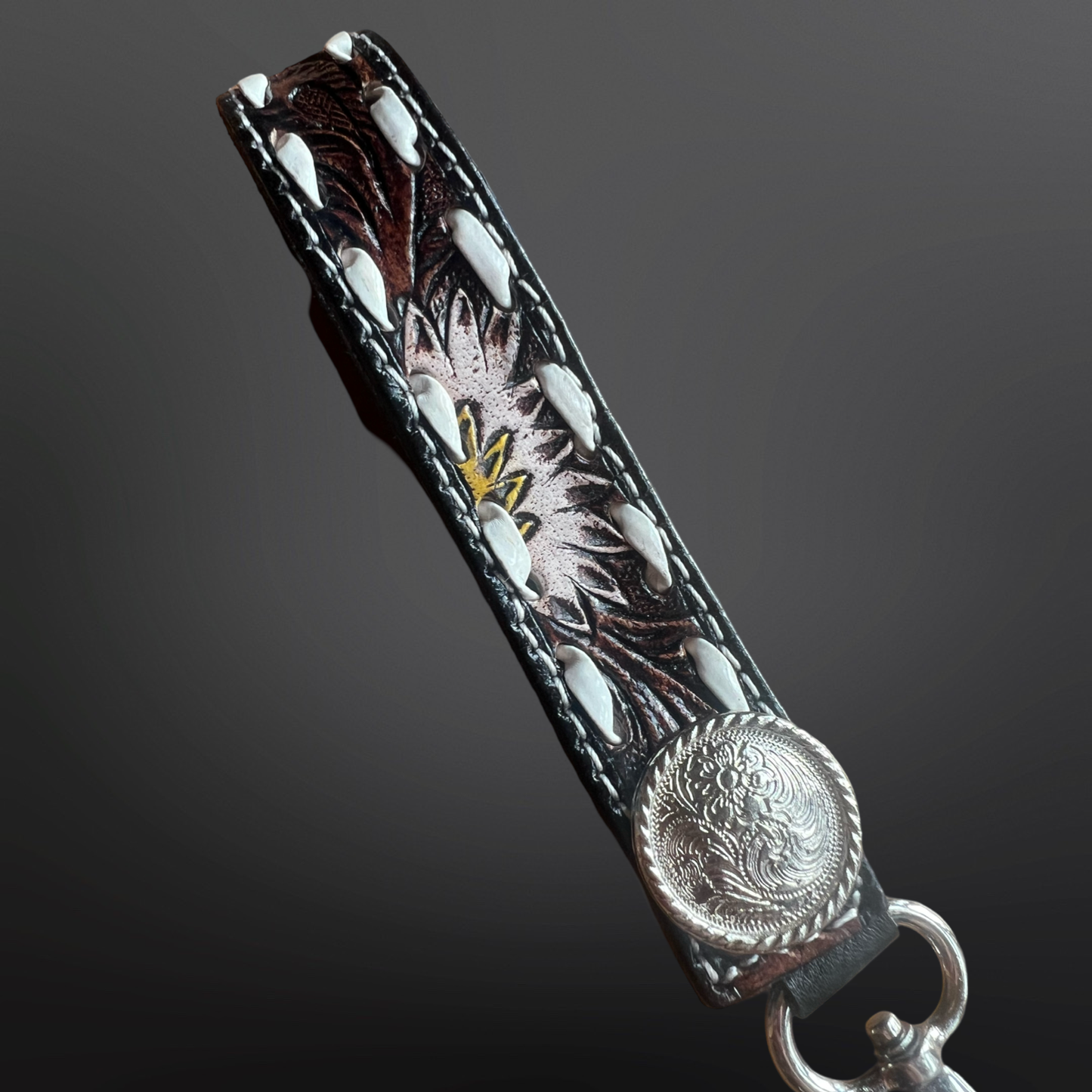 White Sunflower Concho Keychain with Buck Stitching