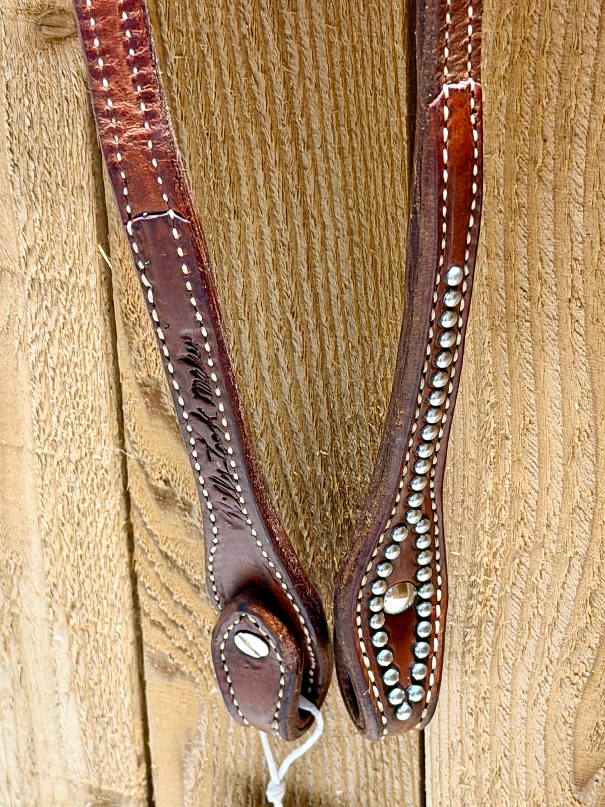 Used Billy Cook Leather Roping Rein with Metal Dot Accents