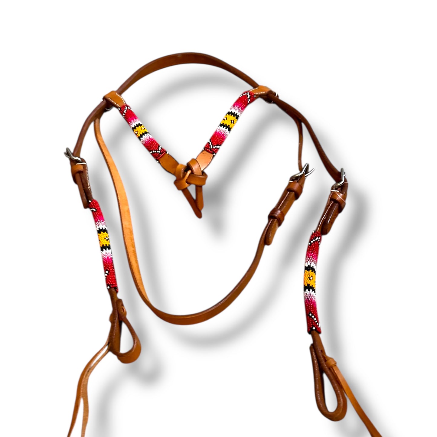 Browband Headstall – Beaded Overlay with Futurity Knot Browband in Light Oil Leather