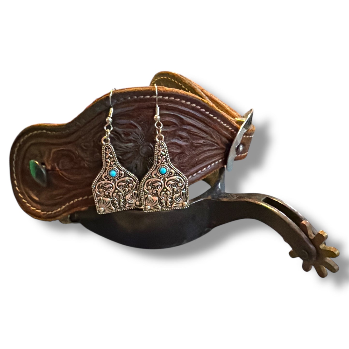 Cow Tag Western Faux Turquoise Earrings