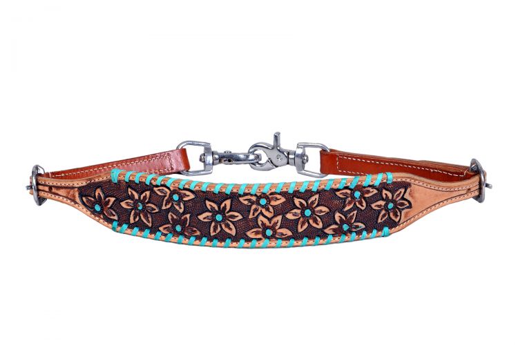 Leather wither strap tooled flowers & teal accents