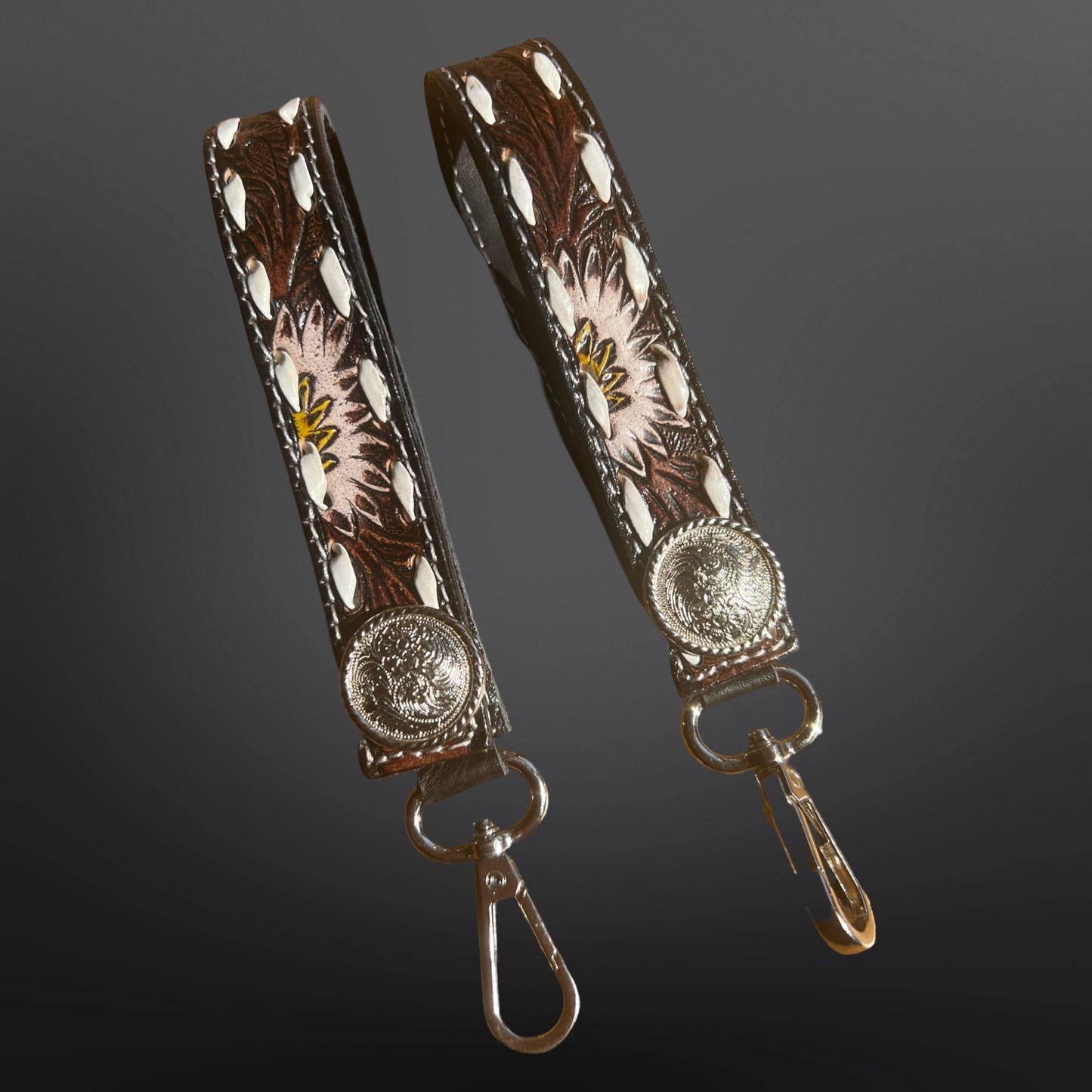 White Sunflower Concho Keychain with Buck Stitching