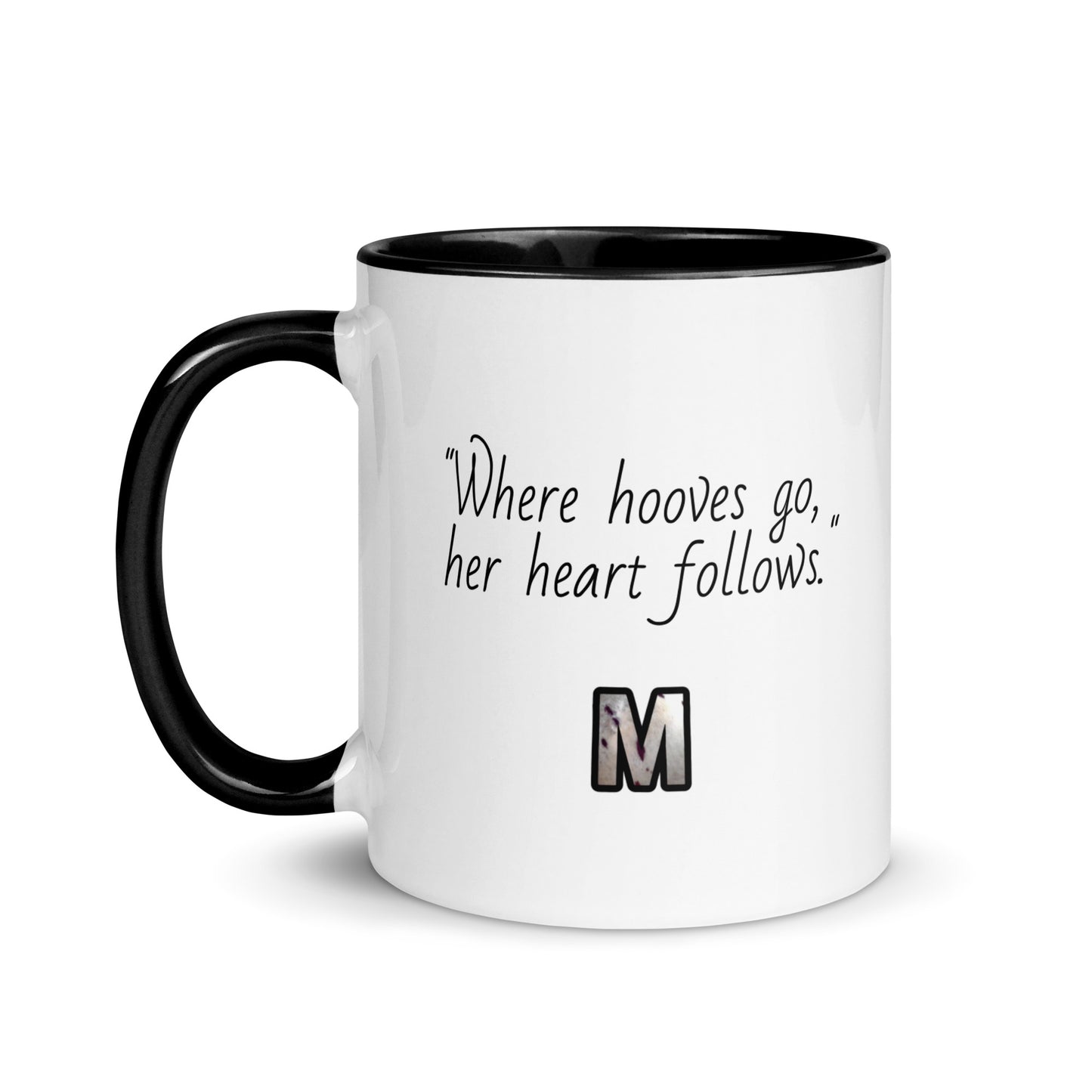 white ceramic mug with color inside black 11oz left heart horse