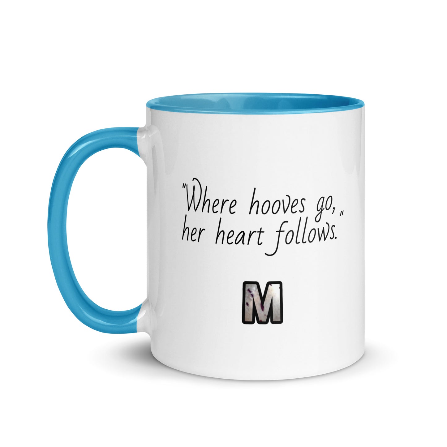 white ceramic mug with color inside blue 11oz left heart horse