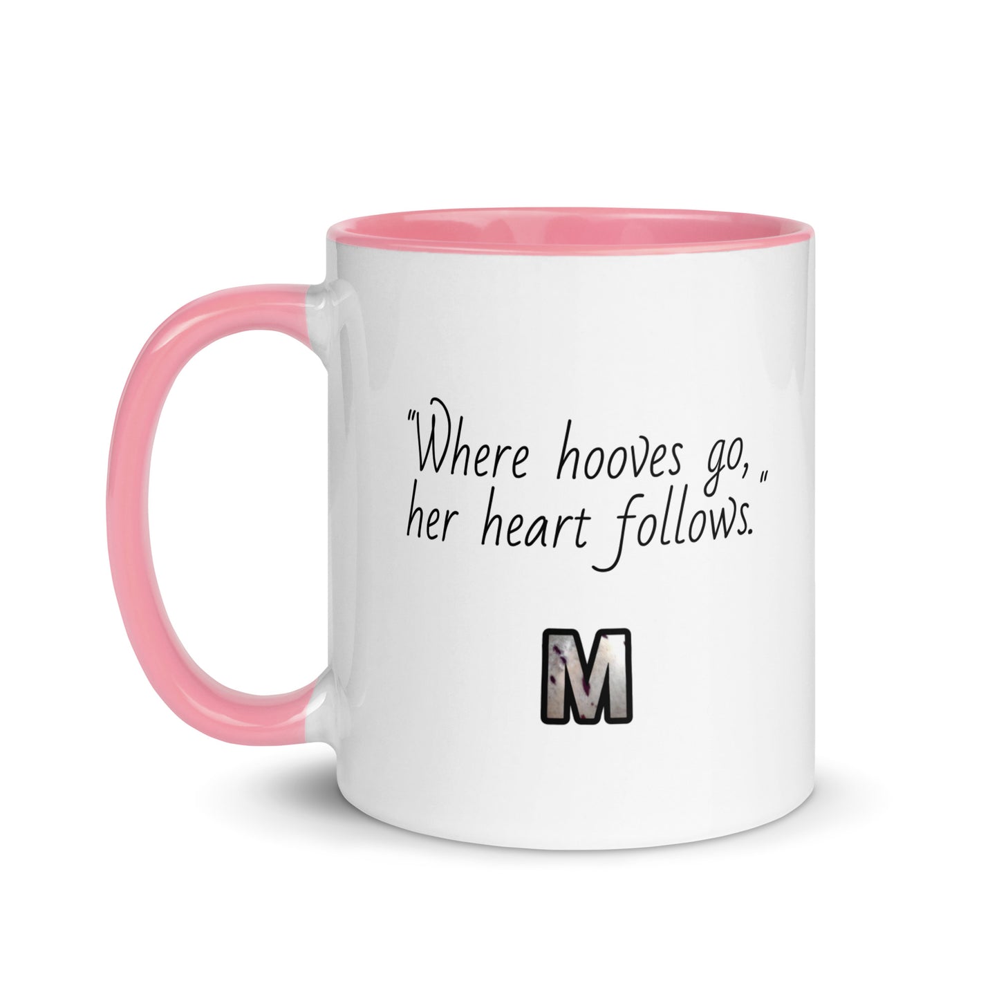 white ceramic mug with color inside pink 11oz left heart horse