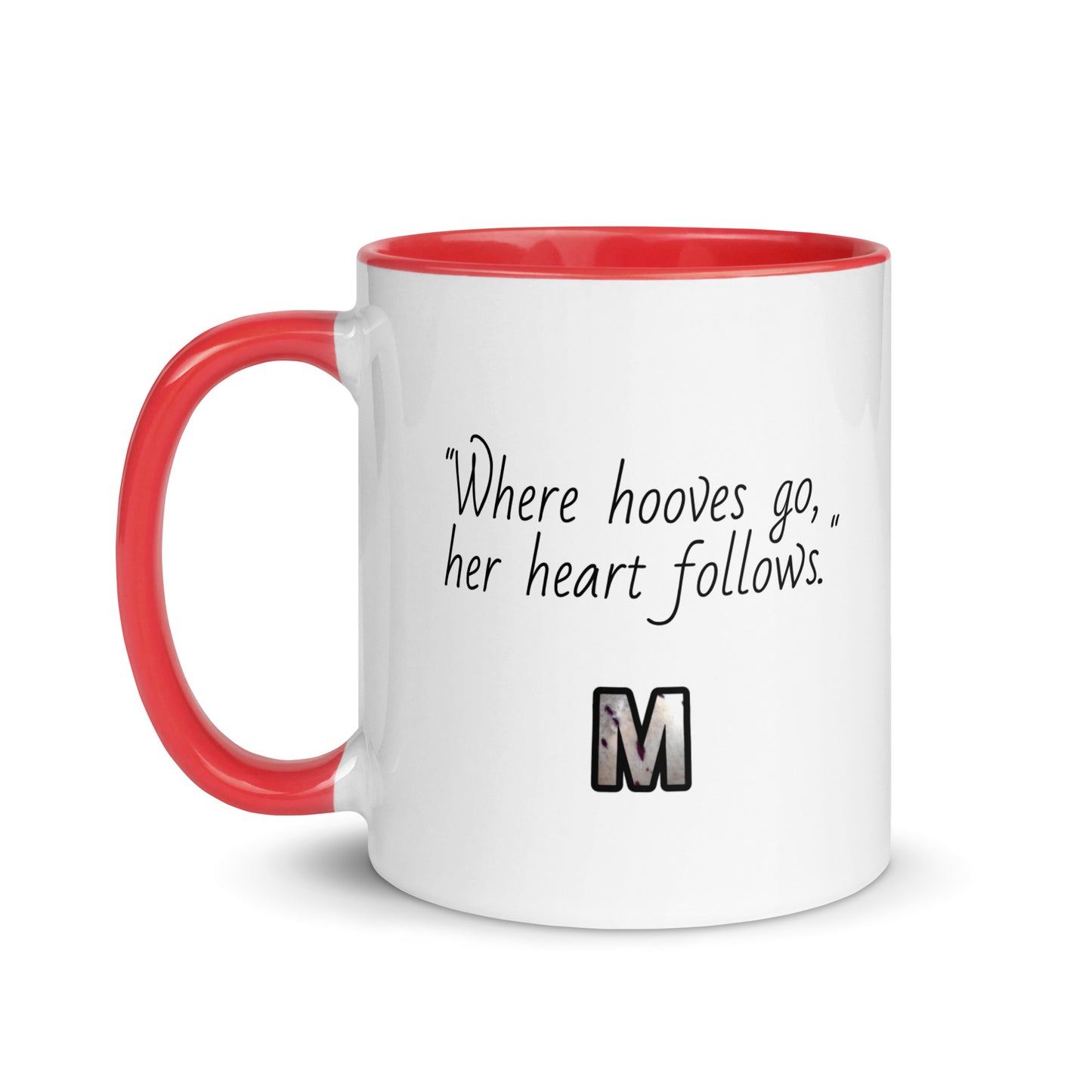 white ceramic mug with color inside red 11oz left heart horse