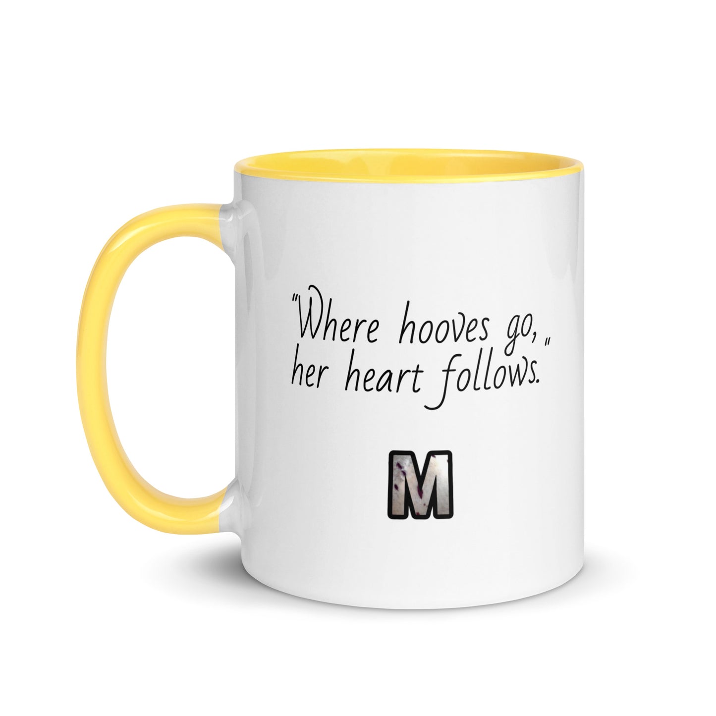 white ceramic mug with color inside yellow 11oz left heart horse