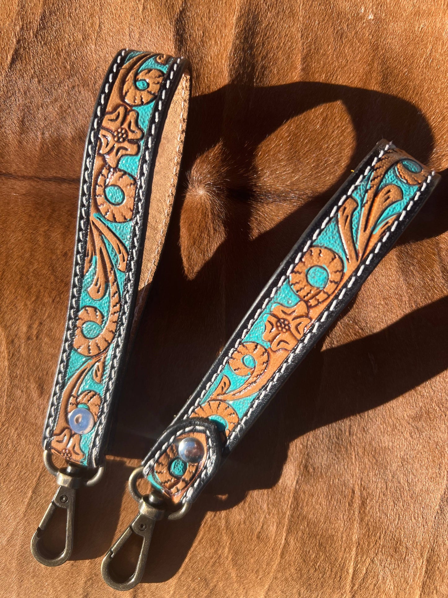 Tooled Leather Western Wrist Strap Keychain - Turquoise Paint