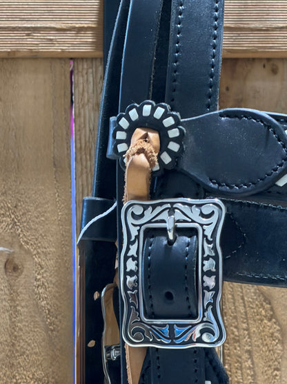 Used Black Leather Browband Headstall with White Buckstitch & Fancy Buckles