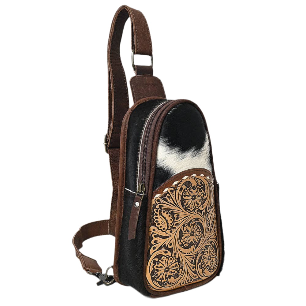 Sling Hand Tooled Hair-On Genuine Leather Purse