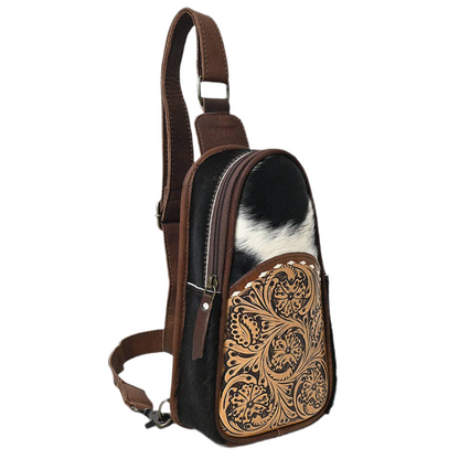 Sling Hand Tooled Hair-On Genuine Leather Purse