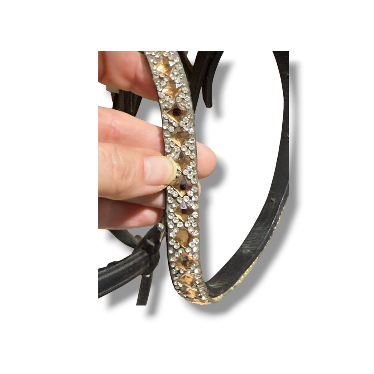 Used Black English Bitless Bridle with Bling Browband & Cotton Grip Reins – Full Size