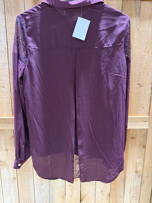 Dark Burgundy Button-Up Blouse with Lace Accents • Ladies Small