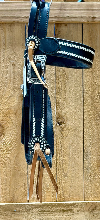 Used Black Leather Browband Headstall with White Buckstitch & Fancy Buckles