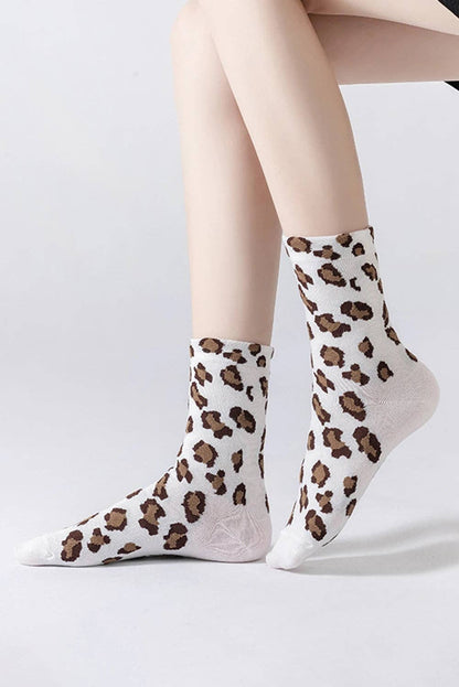 White Leopard Print Polyester Cotton Socks