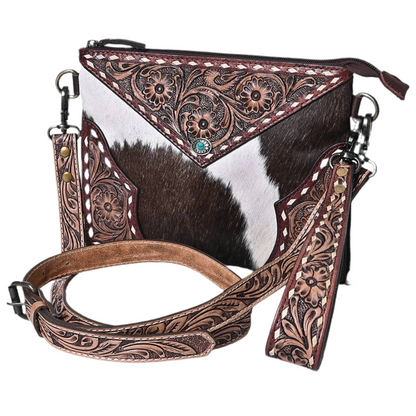 Cross Body Hand Tooled Hair-On Genuine Leather Purse