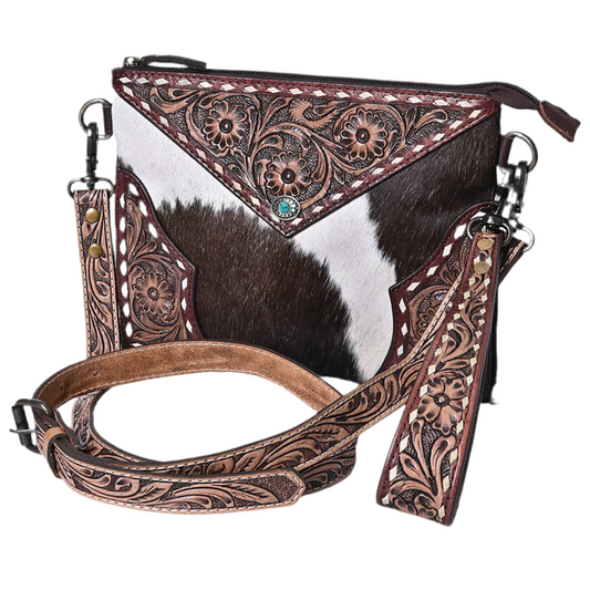 Cross Body Hand Tooled Hair-On Genuine Leather Purse
