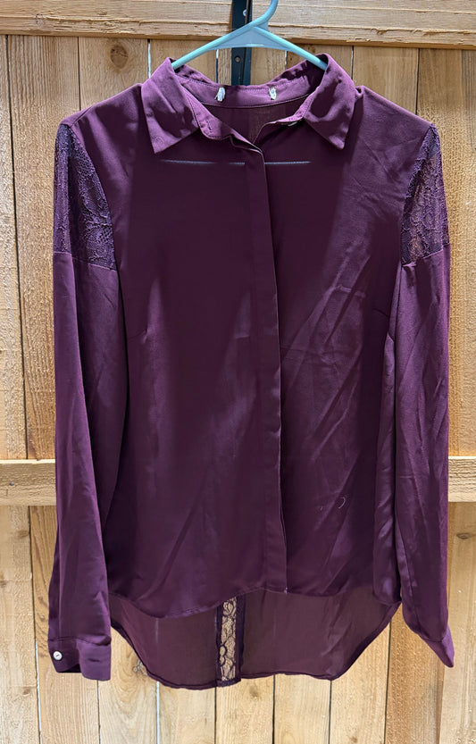Dark Burgundy Button-Up Blouse with Lace Accents • Ladies Small