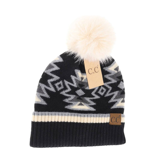 Southwestern Faux Fur Pom Beanie