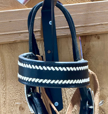 Used Black Leather Browband Headstall with White Buckstitch & Fancy Buckles