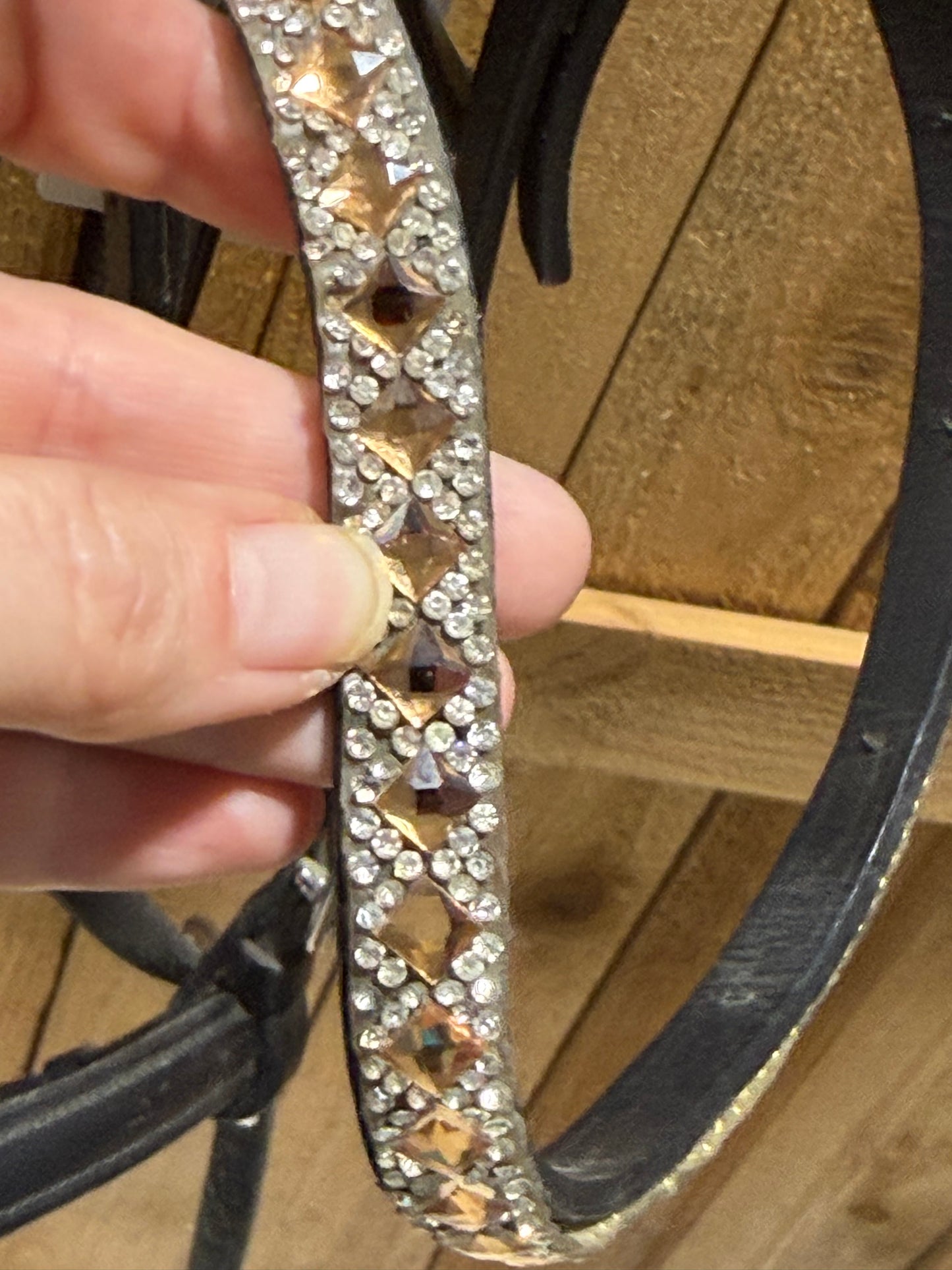 Used Black English Bitless Bridle with Bling Browband & Cotton Grip Reins – Full Size