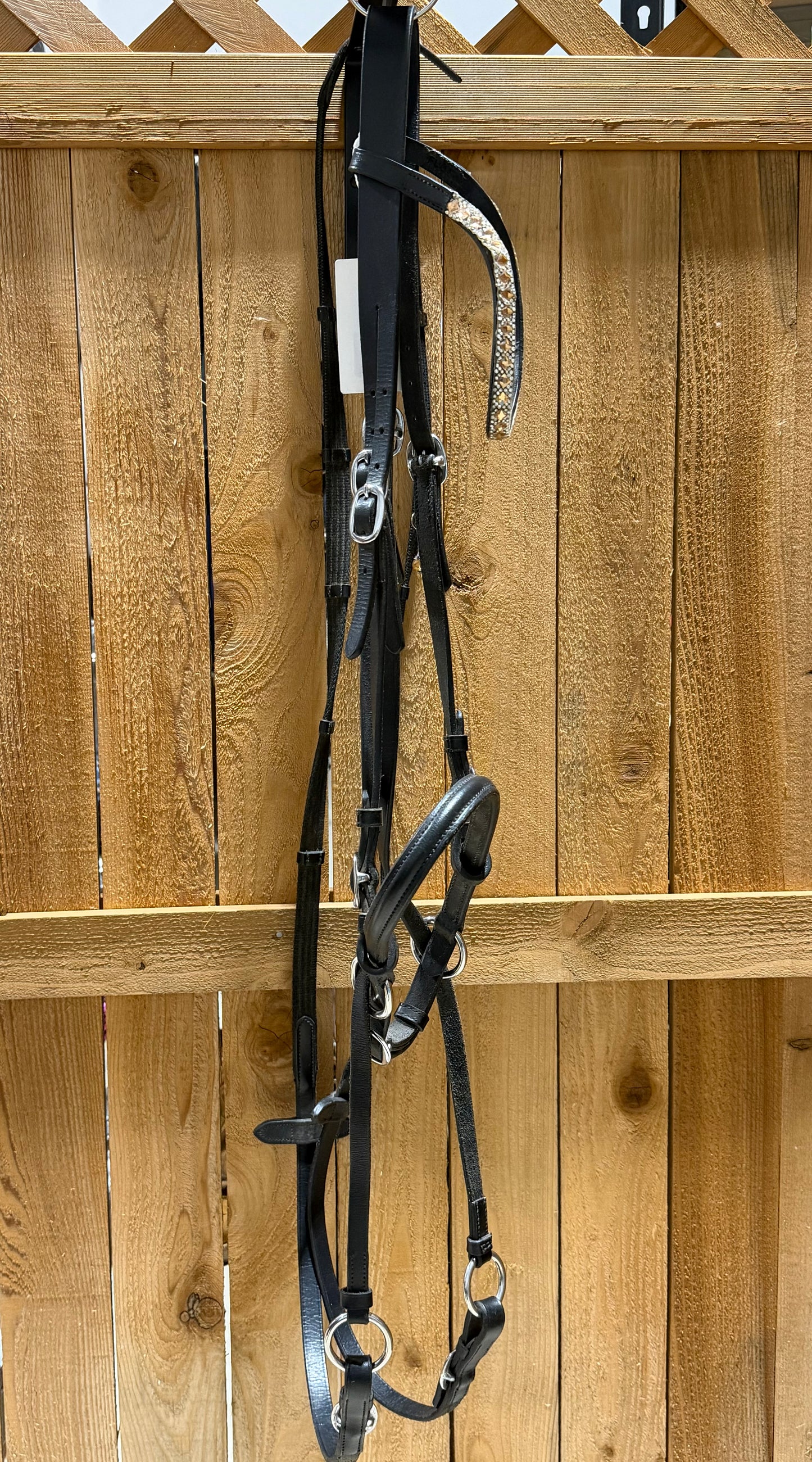 Used Black English Bitless Bridle with Bling Browband & Cotton Grip Reins – Full Size