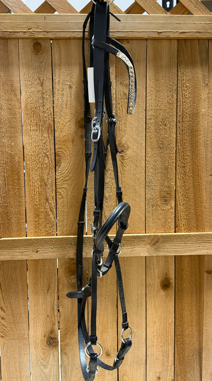 Used Black English Bitless Bridle with Bling Browband & Cotton Grip Reins – Full Size
