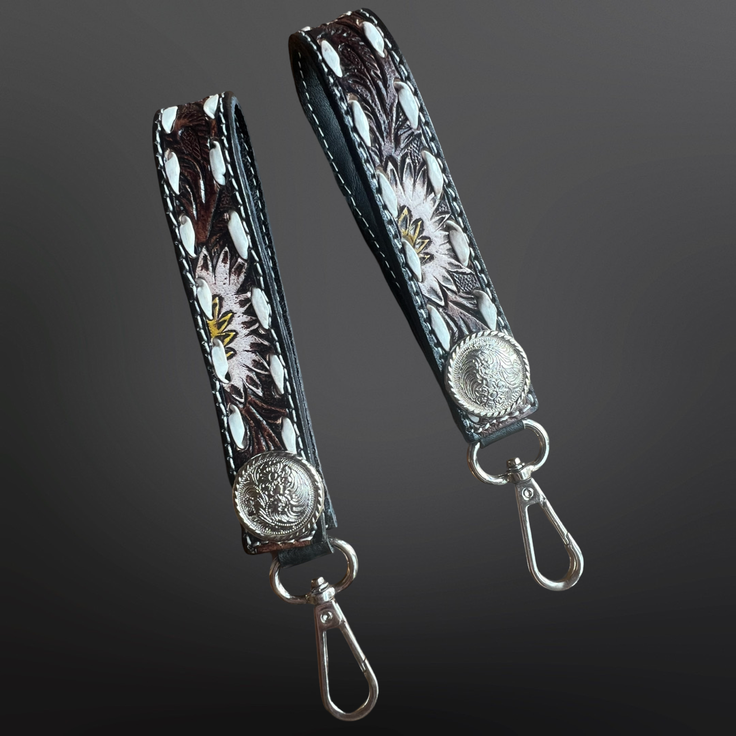 White Sunflower Concho Keychain with Buck Stitching