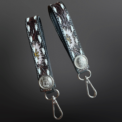 White Sunflower Concho Keychain with Buck Stitching