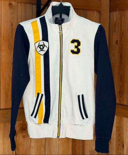 Ariat International Women’s Zip Sweatshirt Jacket – White/Navy/Yellow – Varsity Equestrian Style