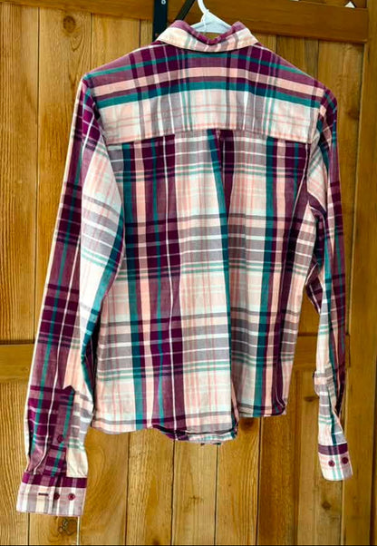 Rockies Women’s Plaid Button-Down Shirt – Burgundy/Blush/Teal/Cream