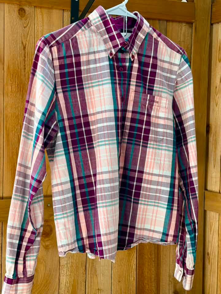 Rockies Women’s Plaid Button-Down Shirt – Burgundy/Blush/Teal/Cream