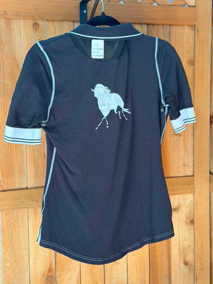 Goode Rider Women’s Equestrian Bamboo Blend Polo – Black/White – Dressage Horse Embroidery