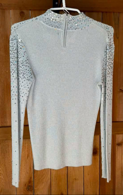 Once Again Women’s Metallic Sequin Mock Neck Sweater – Silver