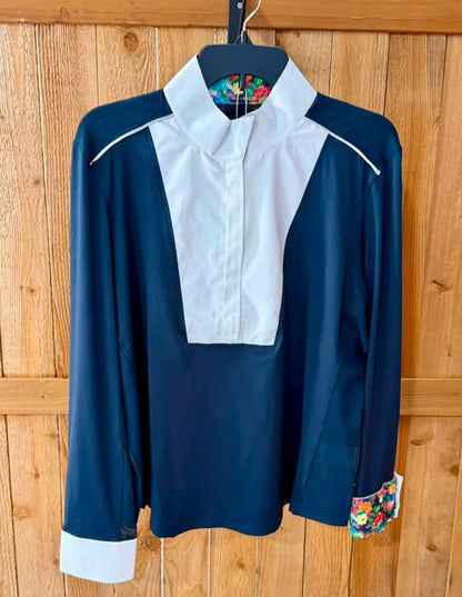 Chester Bay Women’s Show Shirt – Navy & White – Floral Trim – XXL – NWT