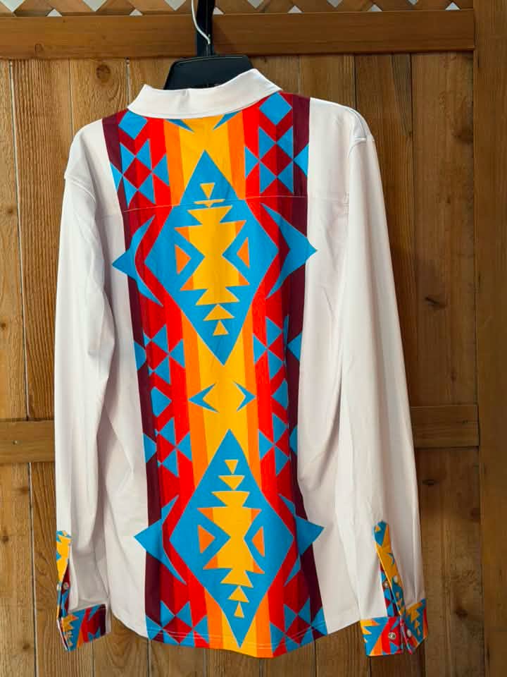 Ranch Dress’n Women’s Western Stretch Show Shirt – Southwestern Print – Size 1X – NWT