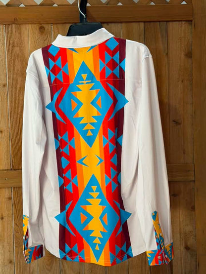Ranch Dress’n Women’s Western Stretch Show Shirt – Southwestern Print – Size 1X – NWT