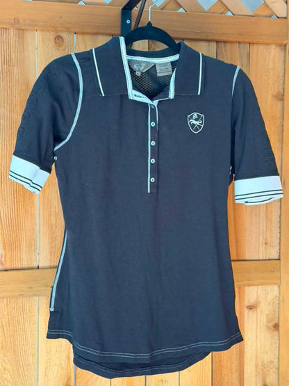Goode Rider Women’s Equestrian Bamboo Blend Polo – Black/White – Dressage Horse Embroidery