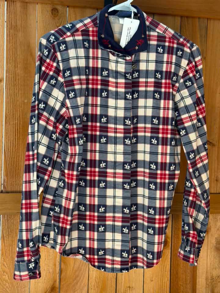Vintage Rough Rider Women’s Equestrian Plaid Long Sleeve Riding Shirt – Red/Navy/Cream