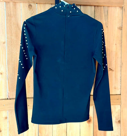 Natural Born Winner Women’s Rhinestone Show Top – Black – Stretchy Quarter-Zip Back