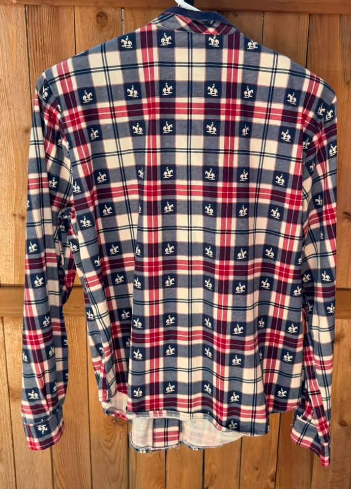 Vintage Rough Rider Women’s Equestrian Plaid Long Sleeve Riding Shirt – Red/Navy/Cream