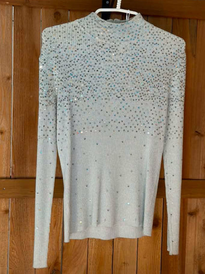 Once Again Women’s Metallic Sequin Mock Neck Sweater – Silver