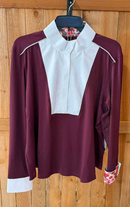 Chester Bay Women’s Show Shirt – Burgundy & White – Floral Trim – XXL – NWT