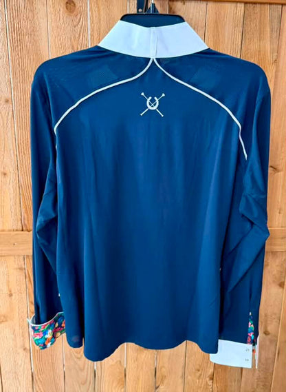Chester Bay Women’s Show Shirt – Navy & White – Floral Trim – XXL – NWT