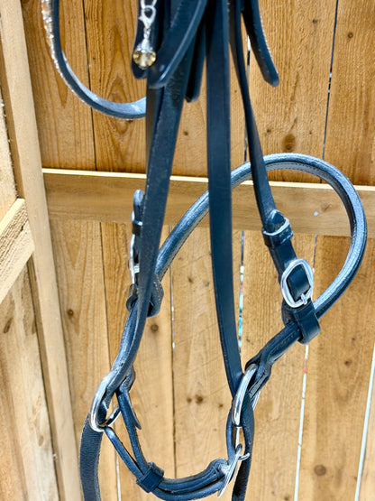 Used Black English Bitless Bridle with Bling Browband & Cotton Grip Reins – Full Size