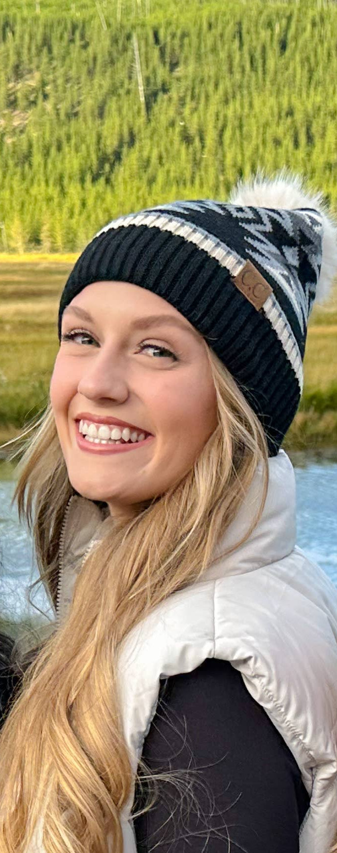 Southwestern Faux Fur Pom Beanie