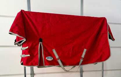 Like-New WeatherBeeta ComFiTec Classic Standard-Neck Lite Turnout Sheet – 72” – Red & Silver