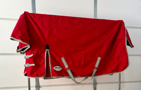 Like-New WeatherBeeta ComFiTec Classic Standard-Neck Lite Turnout Sheet – 72” – Red & Silver