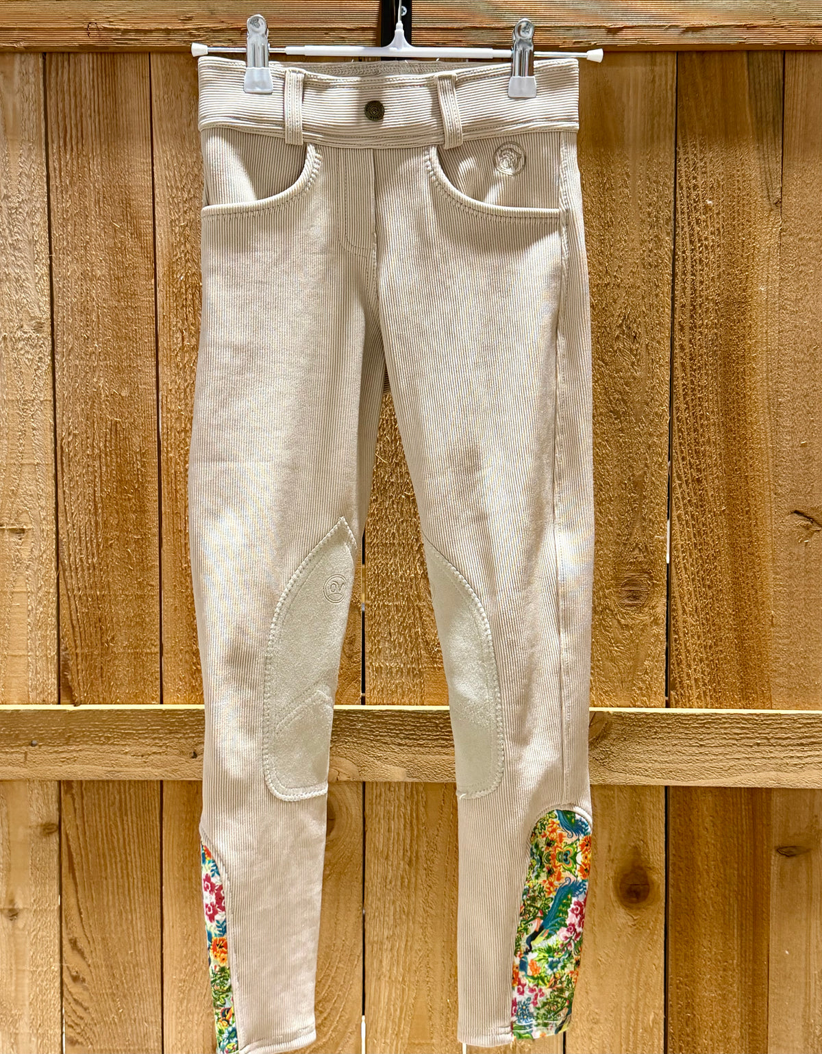 Ovation Children’s Endura Riding Tights • Beige • Medium / Size 10 • Peacock Calf Panels