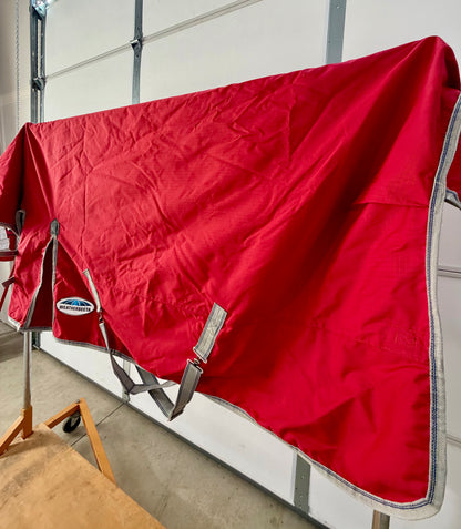 Like-New WeatherBeeta ComFiTec Classic Standard-Neck Lite Turnout Sheet – 72” – Red & Silver